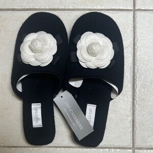 Black Cashmere Slippers with White Floral Accent. Never used!